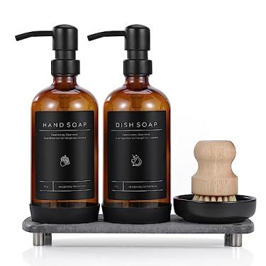Imagem de [Luxuoso] Conjunto de dispensador de sabão de cozinha – Garrafa de vidro âmbar de 473 ml, bomba de aço inoxidável, bandeja de secagem instantânea, etiquetas à prova d'água, almofada de silicone