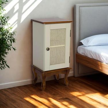 Imagem de Mesa De Cabeceira De Madeira Com Rattan Pés Luiz Xv - Nude Laca Com Tampo E Base Imbuia Glazer