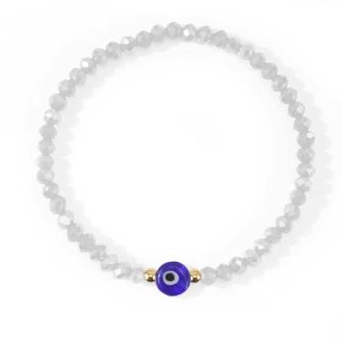 Imagem de EQUBIO Pulseira com contas de cristal branco olho turco, contas facetadas de 4 mm com pingente de vidro azul e detalhes dourados de hematita de 3 mm, joia de proteção elástica para mulheres e homens