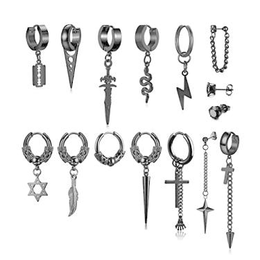Imagem de Conjunto de 5 pares punk hip-hop aço inoxidável preto adaga geométrico triângulo cruz espada pendente cirúrgico argola argola presente para homens mulheres adolescentes, Aço inoxidável, Sem pedras preciosas