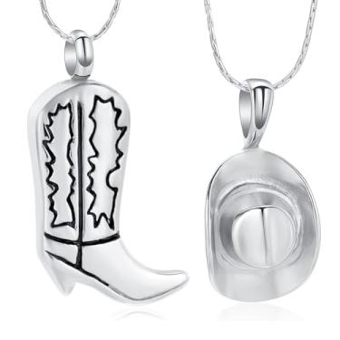 Imagem de zeqingjw Colar de cremação de chapéu de caubói para cinzas, colar de urnas de aço inoxidável para cinzas memorial urna de cinzas joia, Aço inoxidável, aço inoxidável