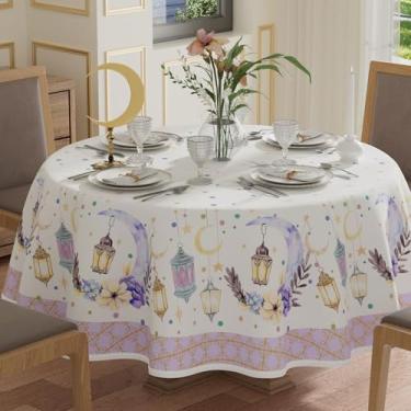 Imagem de XCHI Toalha de mesa redonda luas estrelas lanterna flores Ramadan Mubarak toalha de mesa toalha de mesa para jantar interno decoração de festa em casa 70 x 70 polegadas
