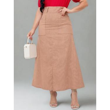 Imagem de Saia Midi Social de Linho Básica Lisa com Bolso Fenda Elegante Soltinh