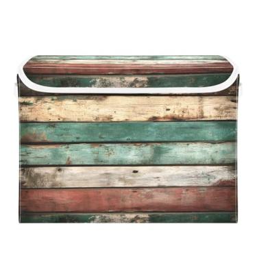 Imagem de Burbuja Caixa de armazenamento de madeira velha com tampa e alças, grande caixa de armazenamento dobrável para prateleiras armário quarto escritório organizador