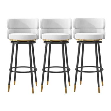 Imagem de Conjunto de bancos de bar estofados de veludo de 3,65 cm, banquetas giratórias com apoio para os pés e pernas de metal preto, bancos de jantar estofados de café da manhã com encosto alto, branco