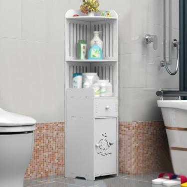 Imagem de Armário de armazenamento de banheiro pequeno, organizadores de banheiro estreitos com porta e prateleira aberta, placa de plástico de madeira, à prova de umidade, para banheiro banheiro espaços
