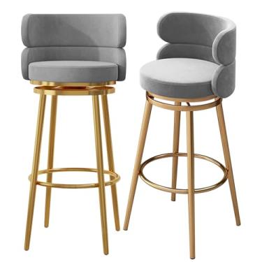 Imagem de Conjunto de 2 bancos de bar estofados, cadeiras giratórias para café da manhã com 65 cm de altura, bancos de cozinha com encosto alto, apoio para os pés de metal preto, cinza