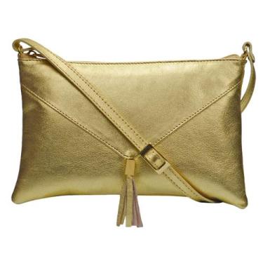 Imagem de Bolsa Feminina Transversal Dourada Pequena Metalizada Couro Legítimo -
