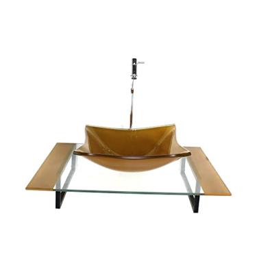 Imagem de KIT CUBA DE VIDRO QUADRADA COM TAMPO 60CM DOURADO REAL E SUPORTE TORNEIRA VALVULA