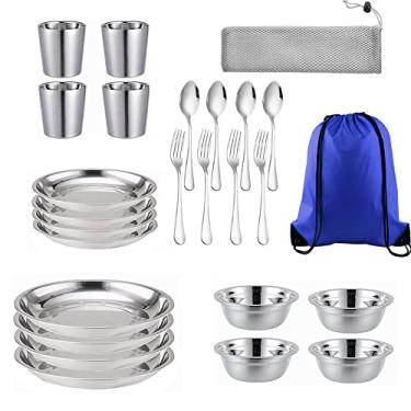 Imagem de Kit de conjunto de tigelas de aço inoxidável polido conjunto de pratos de aço inoxidável | utensílios de mesa | louça | acampamento | buffet | inclui - copos | pratos| tigelas | talheres| vem em sacos