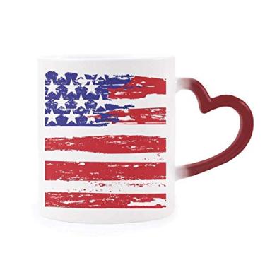 Imagem de Caneca com estampa de estrelas e listras com estampa de bandeira americana sensível ao calor, copo de grés que muda de cor vermelha