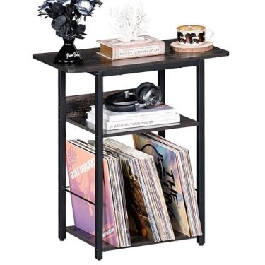 Imagem de LEBOAHOUS Mesa de toca-discos de 3 níveis, suporte de toca-discos industrial com prateleira de armazenamento de até 100 álbuns, suporte de impressora cinza escuro para scanner de arquivos de fax de