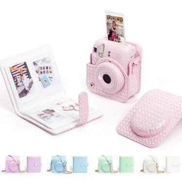 Imagem de HIYQIN Capa de couro e álbum de fantasia para Fujifilm Instax Mini 12, capa protetora Insatx Mini 12 com 64 bolsos, álbum de fotos e alça de ombro requintada - rosa brilhante