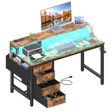Imagem de Lufeiya Mesa de jogos reversível com luzes LED e tomadas, mesa de escritório doméstico de 119 cm com suporte para monitor, mesa de computador com gavetas de tecido, marrom rústico