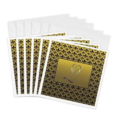 Imagem de 3dRose Elegante letra L em relevo em moldura dourada sobre estampa flor-de-lis preta em fundo dourado - Cartões comemorativos, 15 x 15 cm, conjunto de 6 (gc_36090_1)
