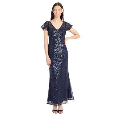 Imagem de Maggy London Vestido feminino de renda com lantejoulas e mangas esvoaçantes, decote em V, vestido formal longo para noite, Blazer/Eclipse azul-marinho, 36