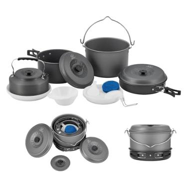 Imagem de Bulin Kit de bagunça de panelas de acampamento, conjunto de cozinha antiaderente, equipamento de cozinha ao ar livre para caminhadas em família, conjuntos de panelas leves para piquenique (chaleira, panelas, frigideiras, tigelas sem BPA, pratos, colher)