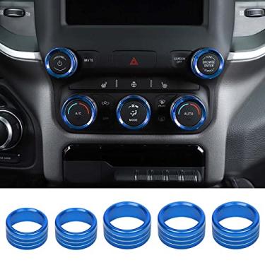 Imagem de RT-TCZ Controle central Rádio AC Tampa do botão do interruptor do botão do botão da tampa do interruptor do botão do anel de guarnição de liga de alumínio acessórios interiores para Dodge RAM 2018-2022 5 peças, azul