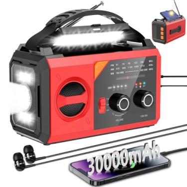 Imagem de Rádio meteorológico de emergência de 30.000 mAh com alto-falante sem fio, 111000 mWh NOAA AM FM rádio solar com manivela com lanterna, carregador de celular, bússola, lâmpada de leitura SOS (vermelho