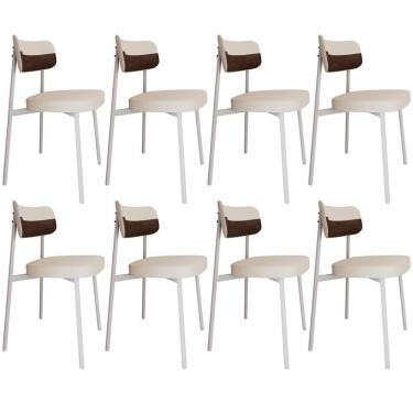 Imagem de Kit 08 Cadeiras Estofada Para Sala De Jantar Astrid Branco C01 Linho Palha Courino Whisky - Lyam Decor