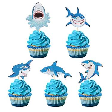 Imagem de MEMOVAN Shark Cupcake Toppers 30pcs Shark Cake Picks Ocean Sea Cupcake Topper Shark Cupcake Cake Decorations for Kids Shark Ocean Theme Birthday Baby Shower Party