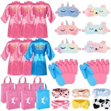 Imagem de Shihanee Conjunto de 30 peças de artigos de festa de aniversário de spa para meninas, conjunto de 6 roupões de cetim para festa do pijama, pacote infantil, kit de aniversário de princesa, Azul, rosa