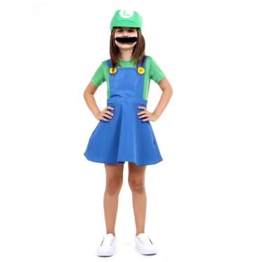 Imagem de Fantasia Luigi Feminina Infantil Luxo Com Chapéu E Bigode Tamanho P
