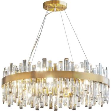 Imagem de Lustre De Cristal Moderno, Luminária Pendente Redonda Em Forma De Gota De Chuva Em Ouro, Design Escalonado Luminária Pendurada Led Ajustável Em Altura Para Sala De Janta, Gold, D19.6*H9.8in