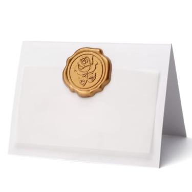 Imagem de Parvigo Pacote com 25 cartões de nome para configuração de mesa, cartões de lugar com selo de cera rosa dourada antiga para casamento, tenda de mesa, cartolina, decoração feita à mão para festa