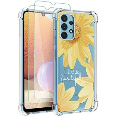 Imagem de Osophter Capa para Galaxy A32 com 2 peças protetoras de tela, cantos reforçados e transparentes, capa de celular flexível de TPU para Samsung Galaxy A32 4G (grande flor solar)