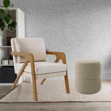 Imagem de Kit Poltrona E Puff Decorativo Luxo Sala Escritório Lana Linho Bege - 