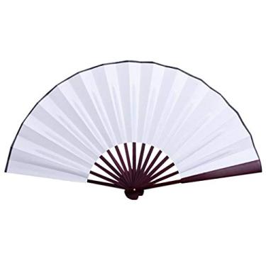 Imagem de FKJLUN Ventilador dobrável feito à mão em tecido de seda leque dobrável em branco bambu antiguidade ventilador dobrável estilo chinês ventilador de suporte ornamental ventilador portátil (cor: branco)