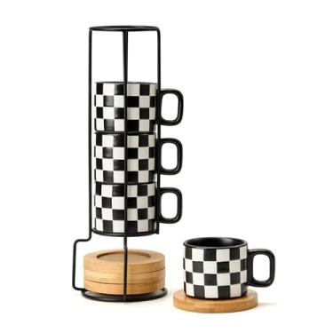 Imagem de LUKA Copos de café expresso xadrez empilháveis de porcelana preto e branco com pires e suporte de metal, conjunto de xícaras pequenas de cerâmica de 118 ml para bebidas de café, café com leite, chá