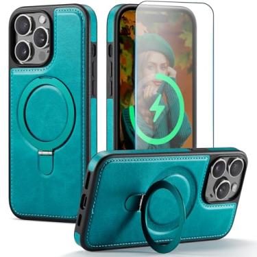 Imagem de CHEEWADA Capa compatível com iPhone 13 Pro com suporte, compatível com MagSafe, couro PU fino e capa protetora de TPU durável à prova de quedas com protetor de tela de vidro temperado de 6,1 polegadas