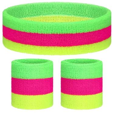 Imagem de Knitgrip Conjunto de 3 faixas de suor neon dos anos 80, pulseira e faixa de cabeça, acessórios de guerra, esportes para festa de Halloween (cores mistas)