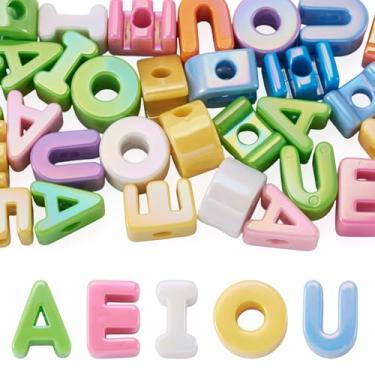 Imagem de Beadthoven 30 peças A E I O U letra contas acrílicas grande furo plástico slide inicial bloco do alfabeto bolha iridescente letras contas espaçadores para amizade pulseiras chaveiro cadarço faça você