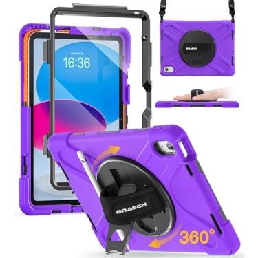 Imagem de BRAECN Capa para iPad (A16) 11ª/10ª geração, 11/10 polegadas 2025/2022, resistente à prova de choque, protetor de tela, suporte giratório de 360° e alça de ombro, capa de corpo inteiro