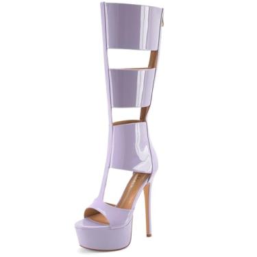 Imagem de Perisis Sandálias femininas estilo gladiador plataforma até o joelho sexy aberto peep toe stiletto salto alto moda verão vestido festa dança botas com zíper, Patente roxo claro, 38