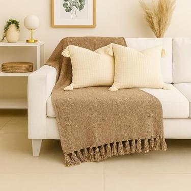 Imagem de Manta para Sofá 240x180cm 100% Algodão Macia e Decorativa – Cobertura Protetora para Sala e Cama (Bege mesclado cru)