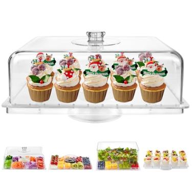 Imagem de Suporte de bolo com tampa - suporte retangular extra grande de 43 cm, conjunto de exibição de mesa de sobremesa multifuncional 8 em 1 e tábua de charcutaria, capa de cúpula de placa de bolo de