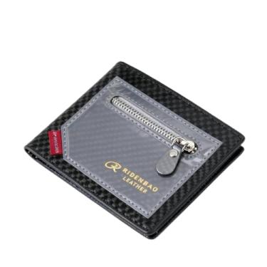 Imagem de Carteira masculina portátil, texturizada, bonita, com bloqueio de cor, bolso frontal, carteira de fibra de carbono de grande capacidade com 2 bolsos com zíper, 2 compartimentos para dinheiro para