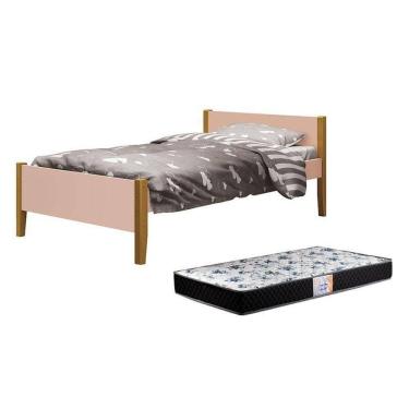 Imagem de Cama Solteiro Simba Rosa Fosco Com Pés Amadeirado E Colchão D33 - Reller Móveis Rosa Fosco