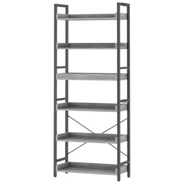 Imagem de HCHQHS Estante de 6 camadas, estante industrial ajustável, prateleira vertical alta, estante aberta de madeira e metal preto para escritório, sala de estar, quarto