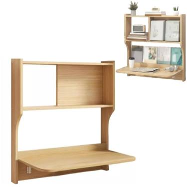 Imagem de Mesa de parede com armazenamento, mesa de madeira maciça com banco de trabalho integrado para estudos com folhas para pequenos espaços, estante de livros, mesa de escritório, madeira, nogueira