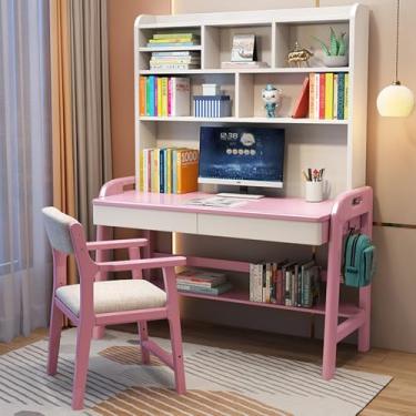 Imagem de Mesa infantil com estante de livros, mesa e cadeira para crianças com altura ajustável para crianças de 8 a 12 anos, mesa de estudante com prateleiras, gaveta e ganchos, grande mesa de estudo rosa de