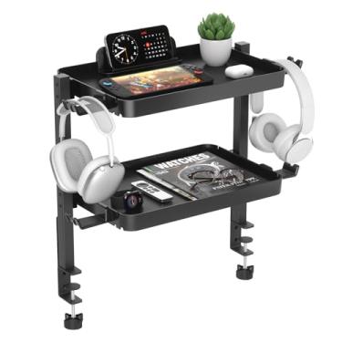 Imagem de KDD Organizador de mesa com braçadeira – Prateleiras ajustáveis de 2 camadas acima ou embaixo da mesa com bandeja de grande capacidade, suporte para telefone e tablet, gancho para fone de ouvido - sem