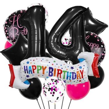 Imagem de Conjunto de decoração de aniversário de 14 anos, balão de coração preto de 14 anos, balão colorido de feliz aniversário de 14 anos para meninas, meninos, crianças, adultos, decoração de aniversário de
