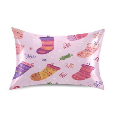 Imagem de Blueangle Fronha de cetim de meias de Natal para cabelo e pele, fronha de seda, tamanho padrão (50,8 x 66 cm) - Capas de almofada de cetim refrescantes com fecho de envelope (478)