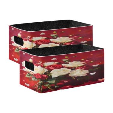 Imagem de xigua Conjunto de 2 caixas de armazenamento de rosas vermelhas e brancas, cubo de armazenamento dobrável, organizador de cestas de armazenamento para livros, prateleiras, armário, lavanderia, berçário