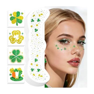 Imagem de Cerlaza Acessórios para o Dia de São Patrício, 40 peças de adesivos de rosto de trevo com glitter dourado verde e dourado com sardas temporárias, decorações de festa de São Patrício, acessórios de